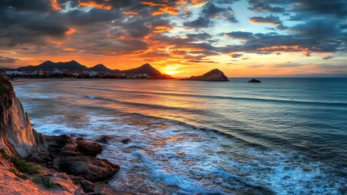 Dramatic coastal sunset illuminates rocky shore and distant town