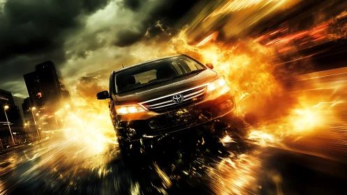 High-speed sedan cutting through explosive golden motion trails.