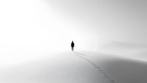 Solitary human figure walks across high-key sand landscape