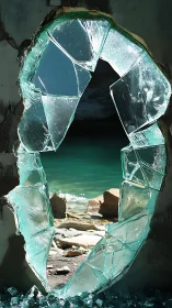 Shattered glass portal frames turquoise coastal shoreline.
