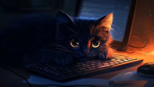 Black cat with glowing amber eyes at illuminated keyboard.