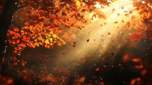 Backlit autumn canopy with volumetric light shafts and drifting leaves