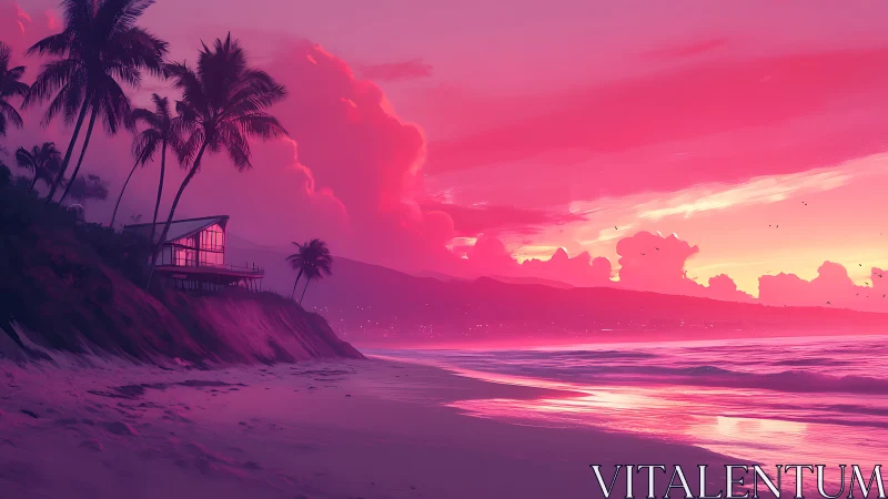 Sunset coast villa under neon pink tropical sky.