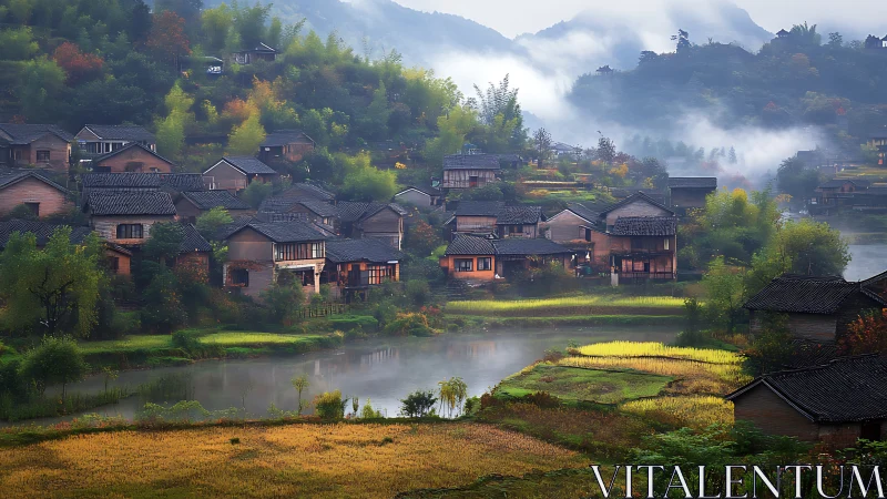 Mist-kissed riverside village cradled in painted autumn hills.