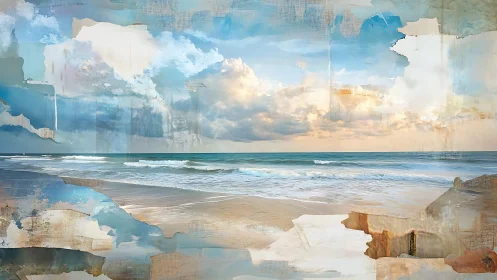 Layered coastal seascape blends realism with abstract forms.