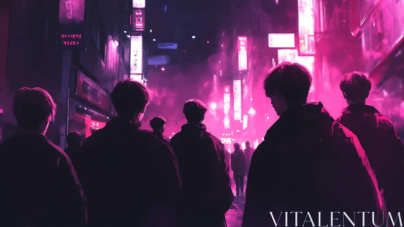 Silhouetted figures walk through neon-lit urban street at night