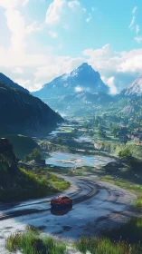 Sportscar navigates wet mountain pass under luminous alpine sky