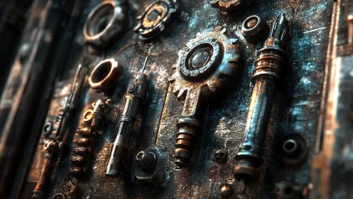 Cyberpunk industrial relief with mechanical keyform plating.