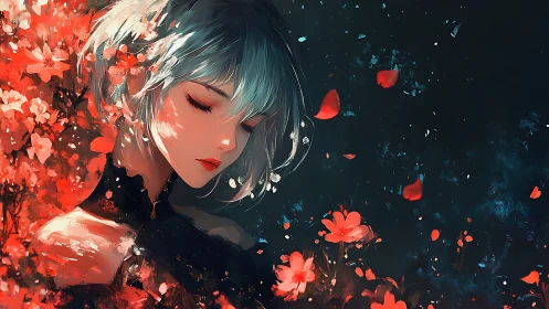 Solitary silver-haired girl amid red blossoms at night.
