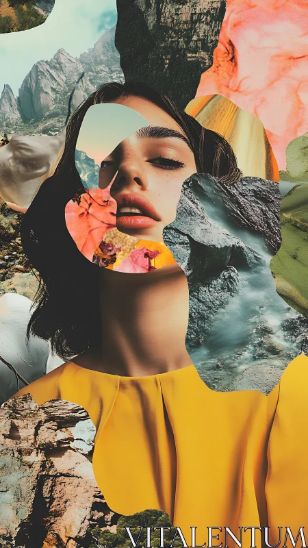 Dreambound portrait stitched from mountains, rivers, and color.