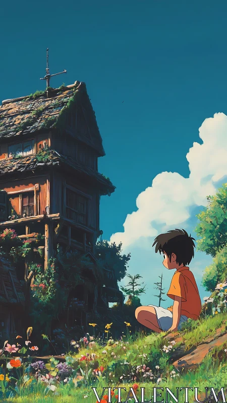 Boy observes weathered wooden tower amid lush hillside flora