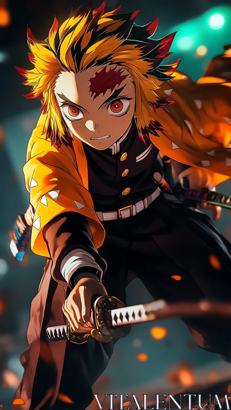 Flame-haired swordsman lunging forward in ember-lit battle.