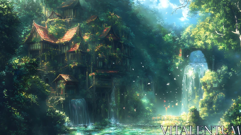 Hidden forest village glows beside cascading waterfalls at dawn.