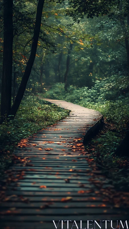 Wooden boardwalk extends through dense deciduous forest with autumn leaves.