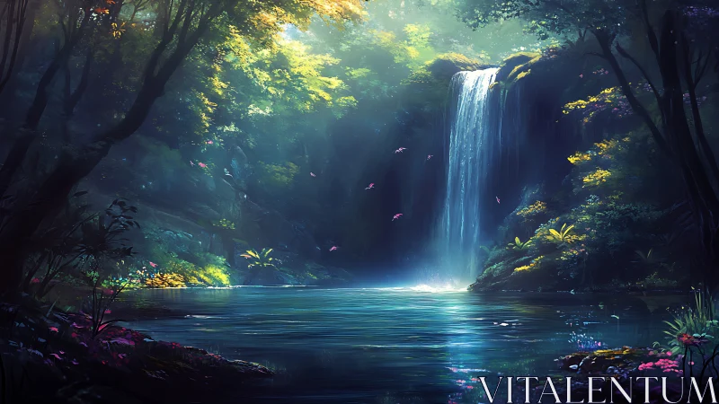 Mystical forest waterfall under radiant ethereal light.