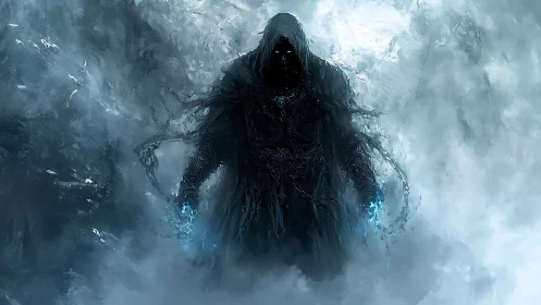 Hooded spectral figure emerging from cold misty void.
