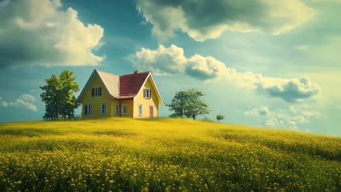 Sunny yellow cottage floats on a golden dandelion sea