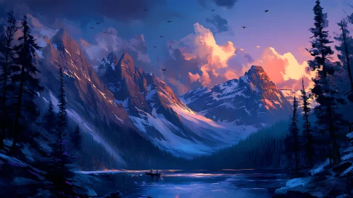 Alpine glacial lake at sunset beneath snowcapped granite peaks