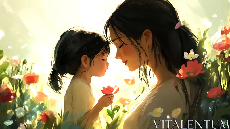 Adult and Child in Flowering Field Against Bright Sky