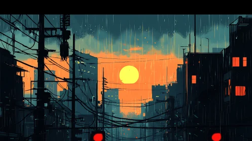 Electric sunset over rainy urban alleyway skyline.