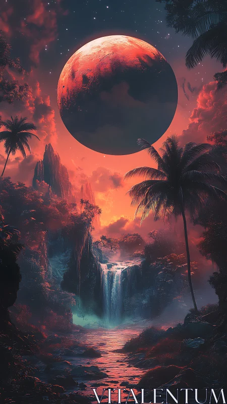 Crimson eclipse above bioluminescent jungle falls at dusk.