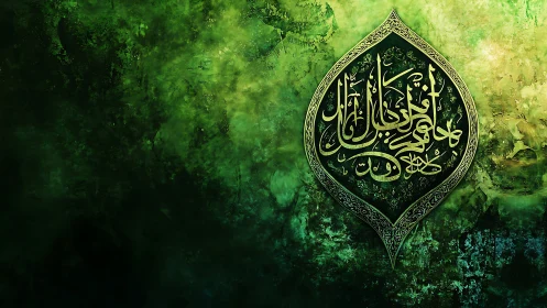 Emerald calligraphic emblem on textured abstract green field.