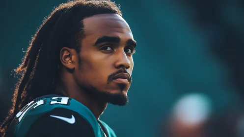 Focused football player in teal uniform on sideline.