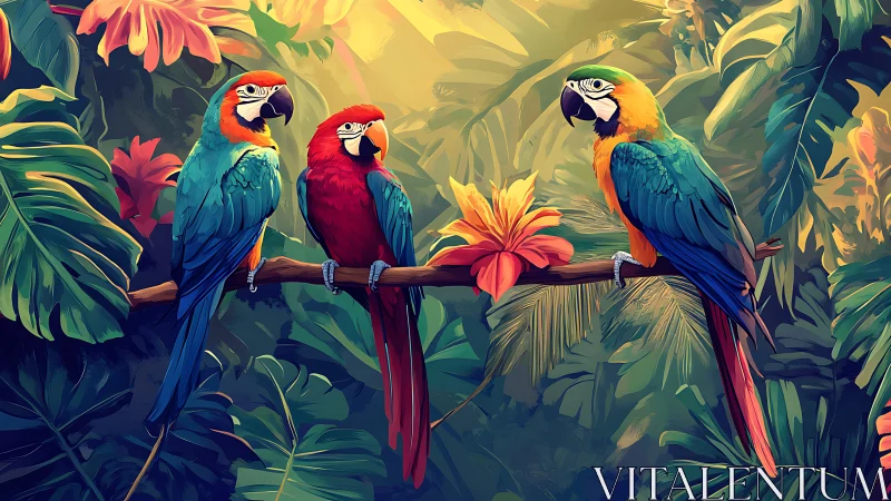 Colorful Parrots on Jungle Branch, Digital Art Illustration.