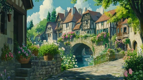 Sunlit riverbridge cradles a blooming storybook village