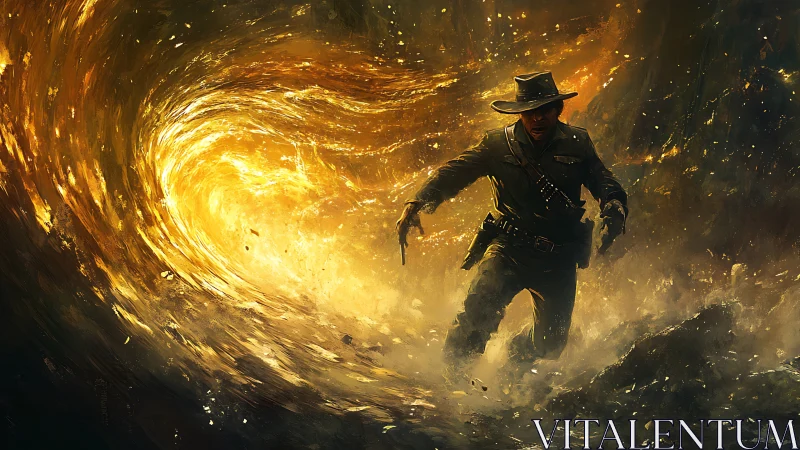 Adventurer confronts swirling golden cosmic vortex