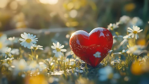 Glossy Red Heart Rests Amid Daisy Garden in Sunlit Field.