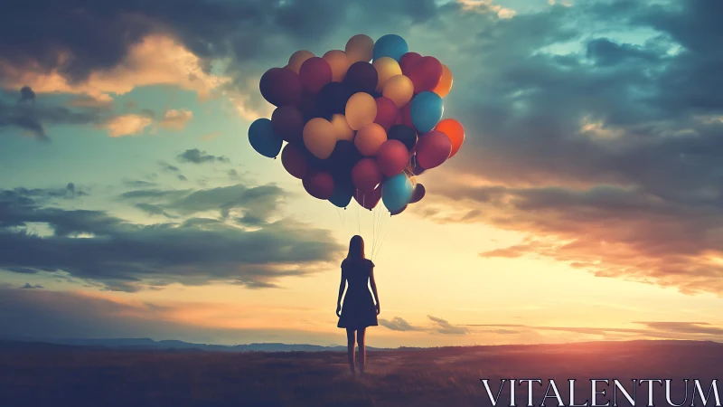 Backlit silhouette with multicolored balloons at sunset horizon