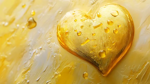 Gold heart with liquid droplets and reflective surface texture