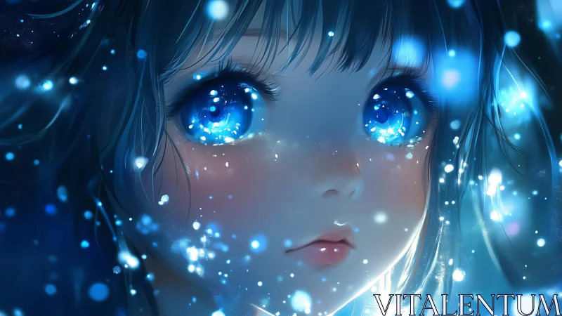 Dreamy blue eyed girl glowing in a night of gentle starlight.