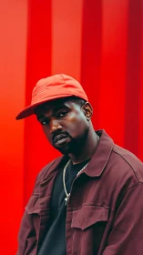 Moody street portrait against bold red city backdrop.