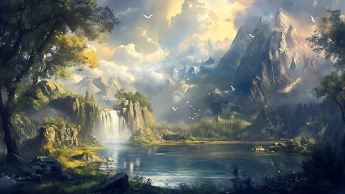 Atmospheric mountain basin with luminous waterfall convergence.