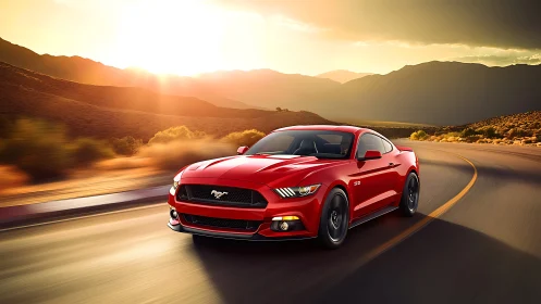 Red sports coupé powers through desert highway at sunset