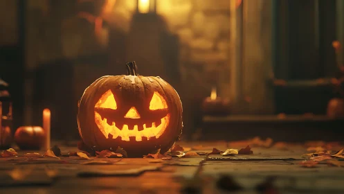 Glowing carved jack-o’-lantern anchors warm nocturnal doorstep scene