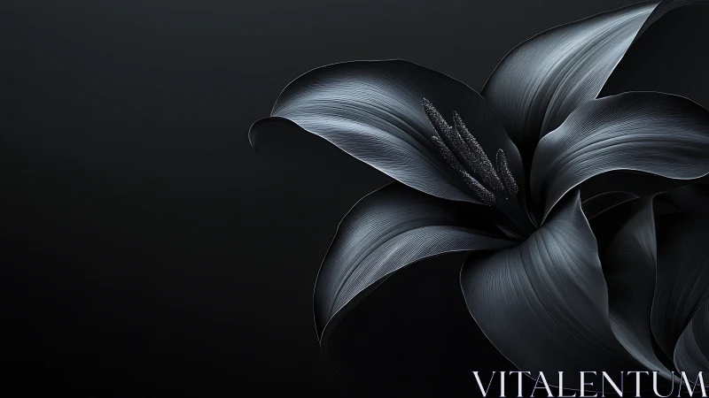 Monochrome metallic lily on dark gradient background.