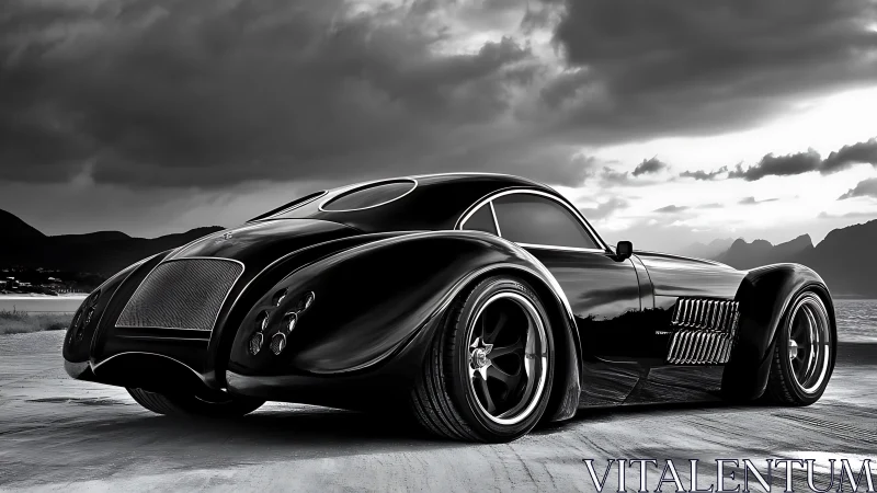 Black retro-futuristic sports car parked on coastal road