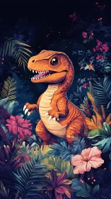 Playful baby dinosaur glows amid neon jungle blooms at night.