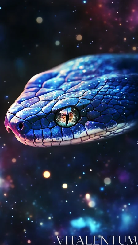 Cosmic serpent closeup with iridescent scales in starlit void.