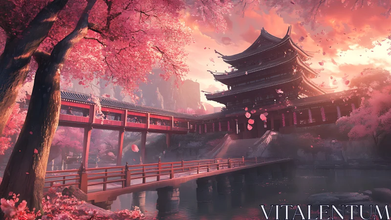 Serene pagoda bridge beneath swirling cherry blossoms at dusk.