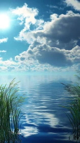 Sunlit lake surface mirrors clouds under clear summer sky