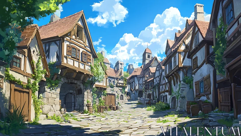 Medieval stone village street under bright summer sky.