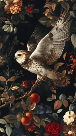 Falcon among baroque florals on dark botanical ground.