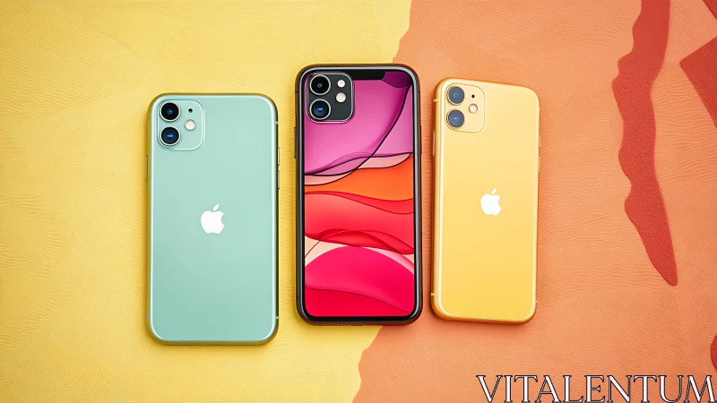 Colorful smartphones align over warm abstract gradient backdrop.