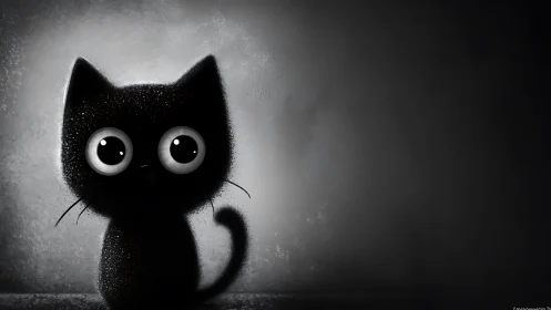 Black cat with oversized luminous eyes in monochromatic environment
