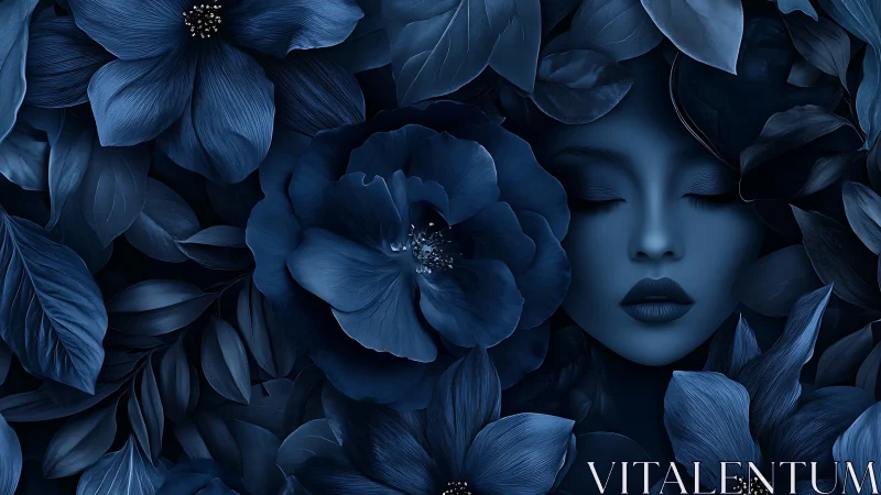 Monochromatic Blue Sculptural Female Form Surrounded by Layered Floral Elements and Petals