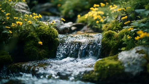 Gentle woodland stream sparkles beside bright yellow flowers